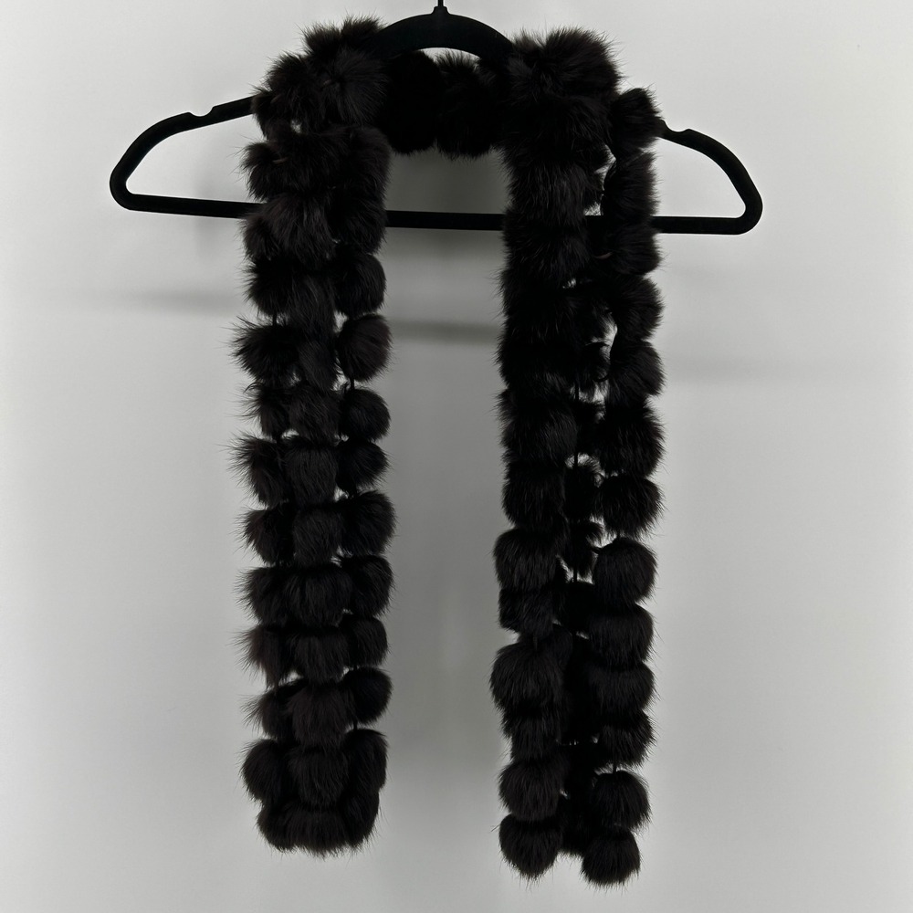 Women Dark Brown Espresso Faux Fur Pom Pom Scarf Knit Linked 50x6 Mob Wife Glam‎
